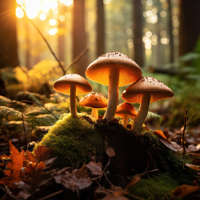 A cluster of mushrooms growing on moss in a forest during sunset.