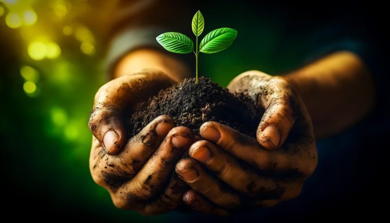 Two hands holding soil with a small green plant growing from it.