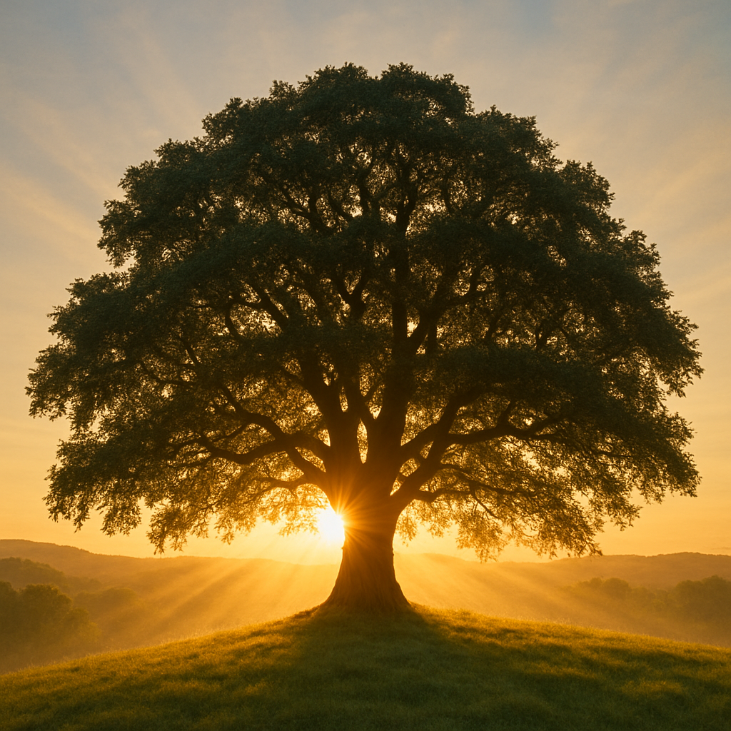 Silhouetted tree against a golden sunrise with sun rays in the background.