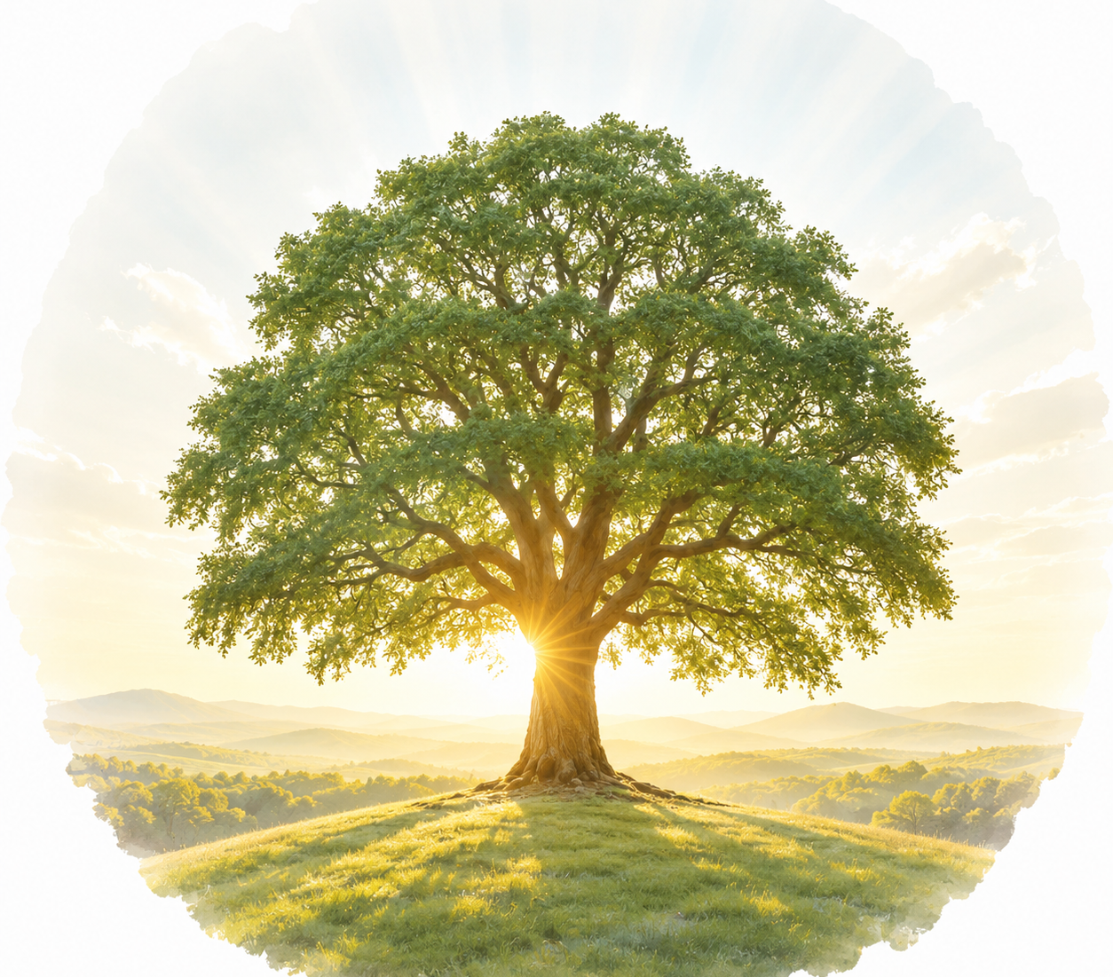 Rooted in Purpose, Growing Toward the Future A mature green Oak tree standing on a sunlit hillside, with warm sunlight shining through its branches and rolling hills in the distance.